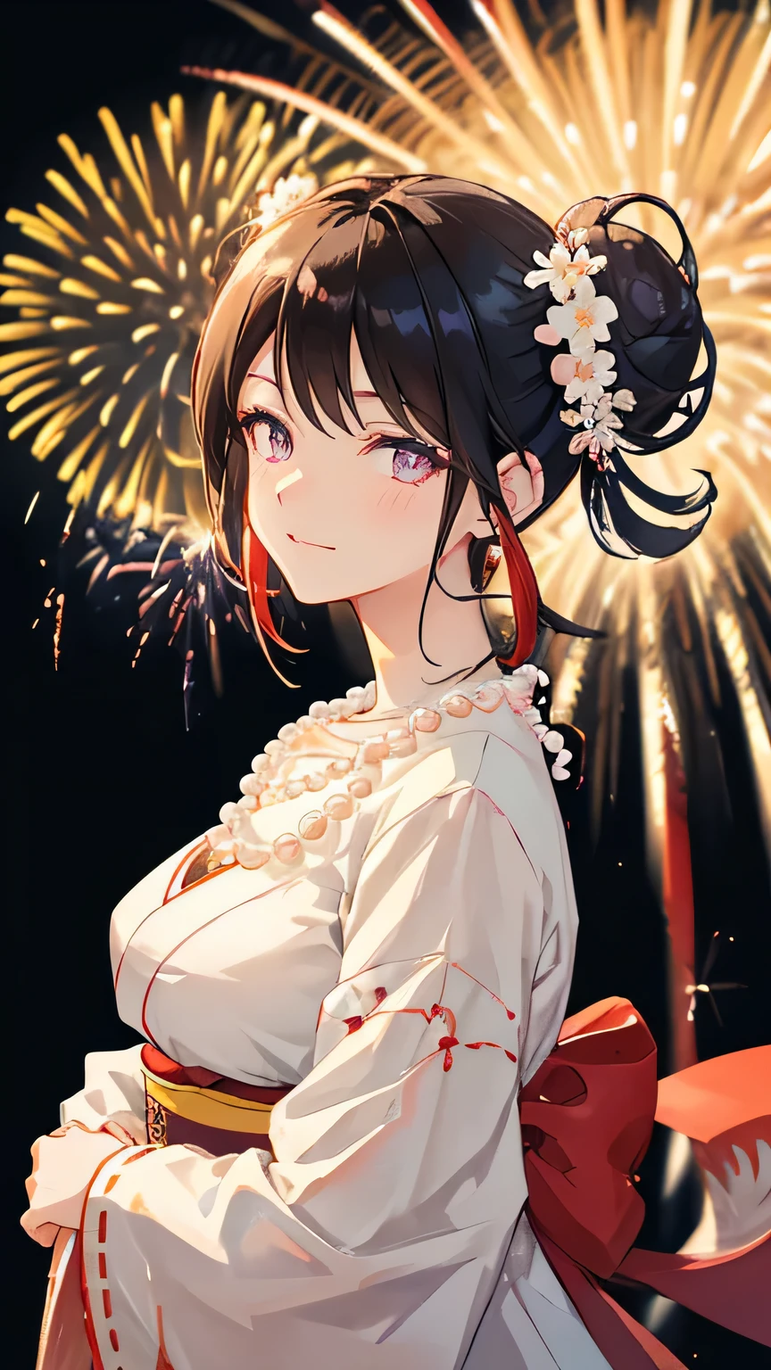 black hair, hair bun, kanzashi, eye reflection, earrings, light smile, bright pupils, anime style, first-person view, textured skin, masterpiece, high details, best quality, wearing traditional Japanese costume, large breasts, floral embroidery, Japanese style, white shoulders, Pearl Necklace, background(fireworks)