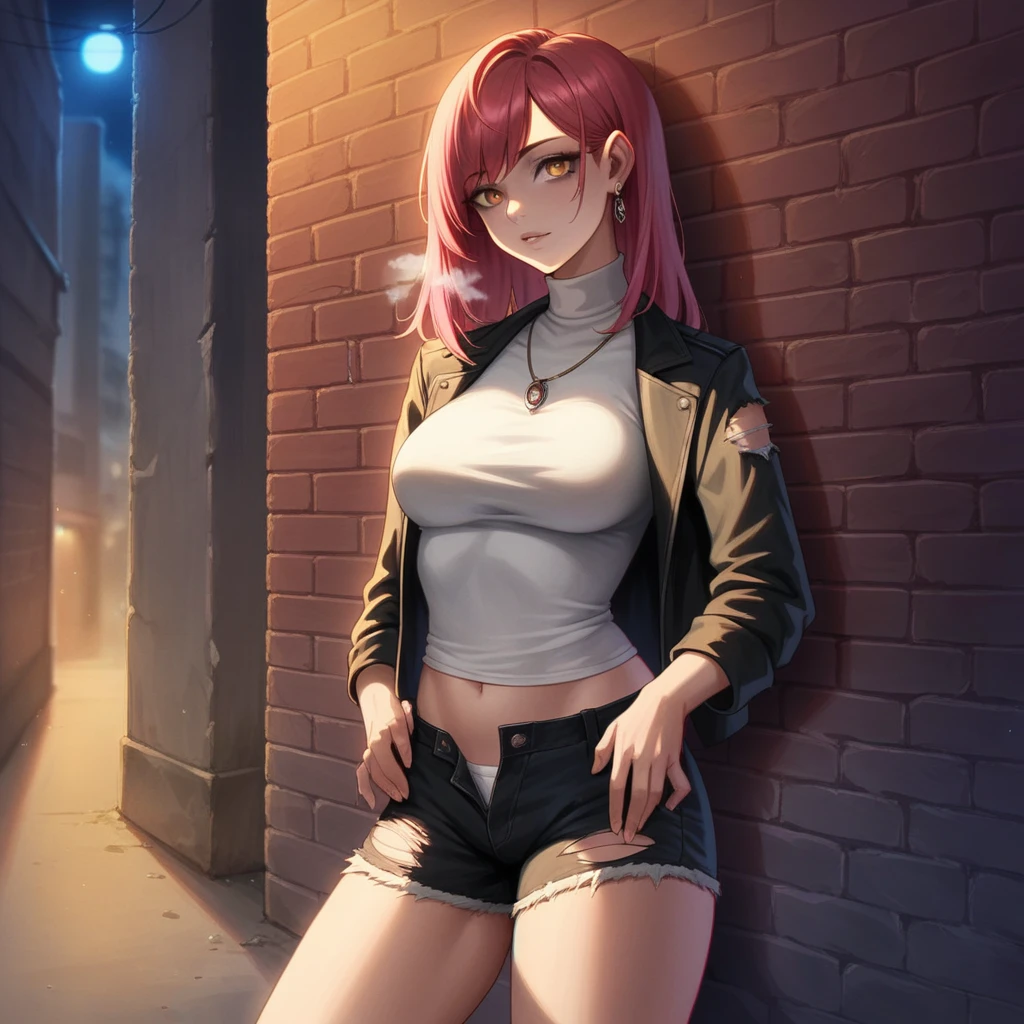 (masterpiece, best quality, 1 girl, solo, intricate details, chromatic aberration), realistic, ((medium breath)),long hair, red hair, red decoration on the head, pink highlights, amber eyes, earrings, sharp eyes, necklace, neon shirt, ripped shorts, unbuttoned jacket, turtleneck, night, against the wall, brick wall, graffiti, dim lighting, alley, look at the viewer
