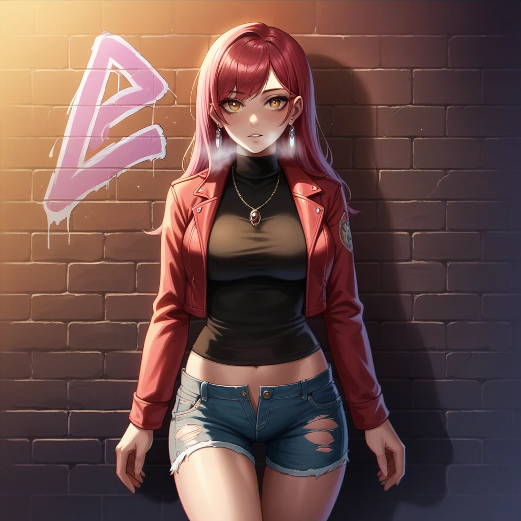 (masterpiece, best quality, 1 girl, solo, intricate details, chromatic aberration), realistic, ((medium breath)),long hair, red hair, red decoration on the head, pink highlights, amber eyes, earrings, sharp eyes, necklace, neon shirt, ripped shorts, unbuttoned jacket, turtleneck, night, against the wall, brick wall, graffiti, dim lighting, alley, look at the viewer