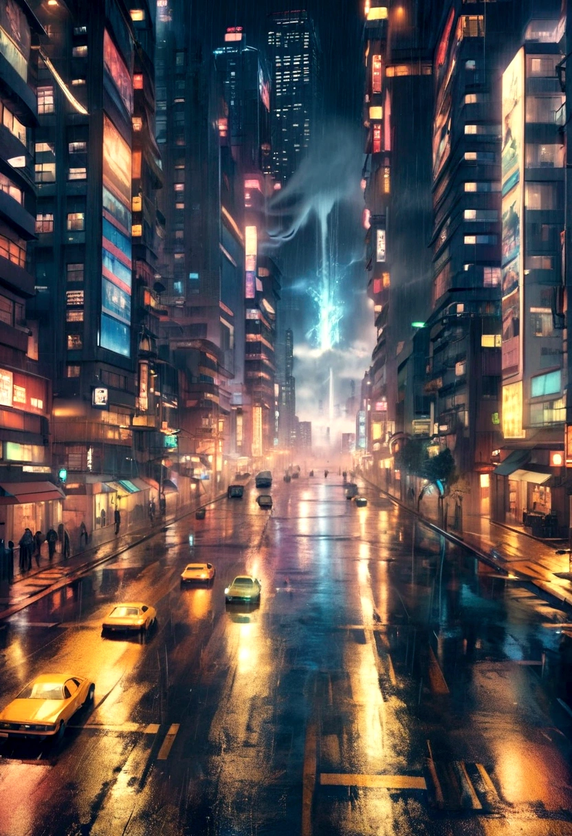 道路の真ん中に噴水がある夜の街の風景, 夜の街のVFXパワー, 雨の降る夜の街, 都市の水竜巻, ストリートシティナイト, 未来的な街路, 雨の夜の街, 雨の夜の街, 4K解像度ブレードランナー, ブレードランナーの街, ブレードランナーのシーンのように, 雨のサイバーパンクシティ