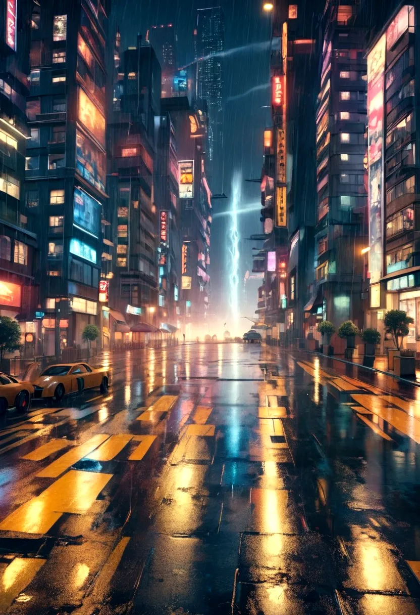 nighttime city street scene with a fountain in the middle of the road, vfx powers at night in the city, rainy city at night, wat...