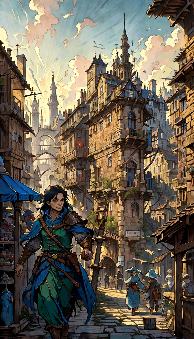 uma pintura de um mercado com pessoas andando por ele, martin raphael lacoste, estilo de raphael lacoste, inspired por Raphael Lacoste, por Raphael Lacoste, Karl Spitzweg. motor irreal, arte de jogo de fantasia medieval, cidade medieval, por Alexander Gine, arte conceitual medieval, cena imensamente detalhada, Mercado, inspirado em Carl Spitzweg, cidade vitoriana