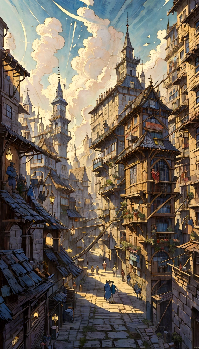 a painting of a market with people walking around it, martin raphael lacoste, style of raphael lacoste, inspired by Raphael Lacoste, by Raphael Lacoste, karl spitzweg. unreal engine, medieval fantasy game art, medieval city, by Aleksander Gine, medieval concept art, immensely detailed scene, marketplace, inspired by Carl Spitzweg, victorian city