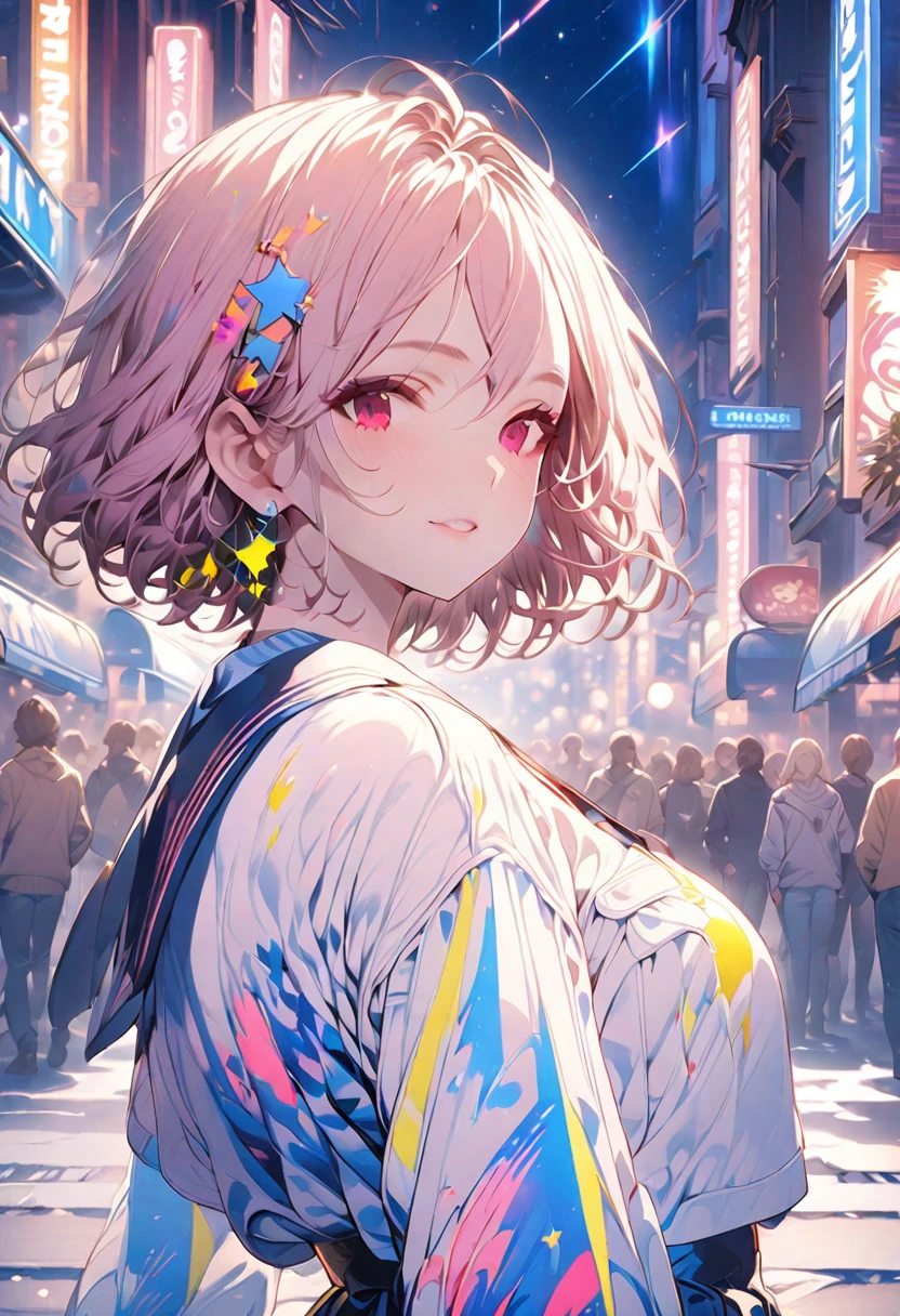 ((masterpiece)), (best quality),, Official Art, Extremely detailed CG unity 8k wallpaper, Very detailed, Glowing skin, Depth of Field, Bright colors,, 1 Girl, (Curvy beauty:0.4), (whole body:0.6),, short hair, Bangs, Red Eyes, skirt, Looking at the audience, night, street, neon, look back, Star (Sky), crowd, Upper Body,