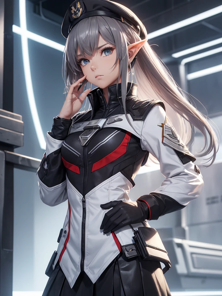 masterpiece, best quality, 8k, (highly detailed 3D rendering of a character named Ulc from SEGA's PSO2), elf-like female with pointed ears, (small gray woman's Garrison cap), (long straight dark red hair), (gray futuristic military-style uniform, including a fitted jacket with intricate white designs, shoulder epaulets, and a skirt), (annoyed, stupefied), (one hand near her ear as if she is communicating through a device), looking away, sunshine, (shiny skin)