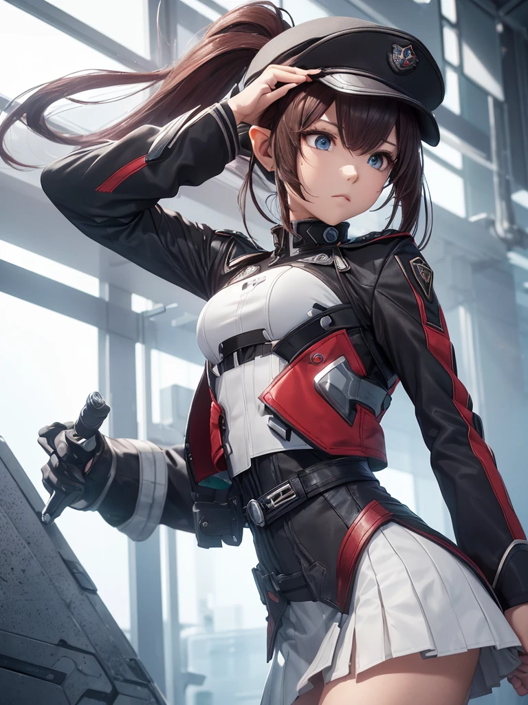 masterpiece, best quality, 8k, (highly detailed 3D rendering of a character named Ulc from SEGA's PSO2), elf-like female with pointed ears, (small gray woman's Garrison cap), (long straight dark red hair), (gray futuristic military-style uniform, including a fitted jacket with intricate white designs, shoulder epaulets, and a skirt), (annoyed, stupefied), (one hand near her ear as if she is communicating through a device), looking away, sunshine, (shiny skin)