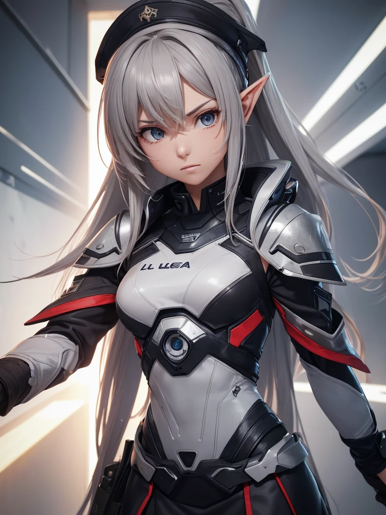 masterpiece, best quality, 8k, (highly detailed 3D rendering of a character named Ulc from SEGA's PSO2), elf-like female with pointed ears, (small gray woman's Garrison cap), (long straight dark red hair), (gray futuristic military-style uniform, including a fitted jacket with intricate white designs, shoulder epaulets, and a skirt), (annoyed, stupefied), (one hand near her ear as if she is communicating through a device), looking away, sunshine, (shiny skin)