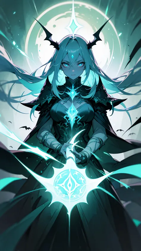 Create an illustration of a powerful dark elf sorceress with deep teal skin and long, flowing white hair. She has glowing green ...