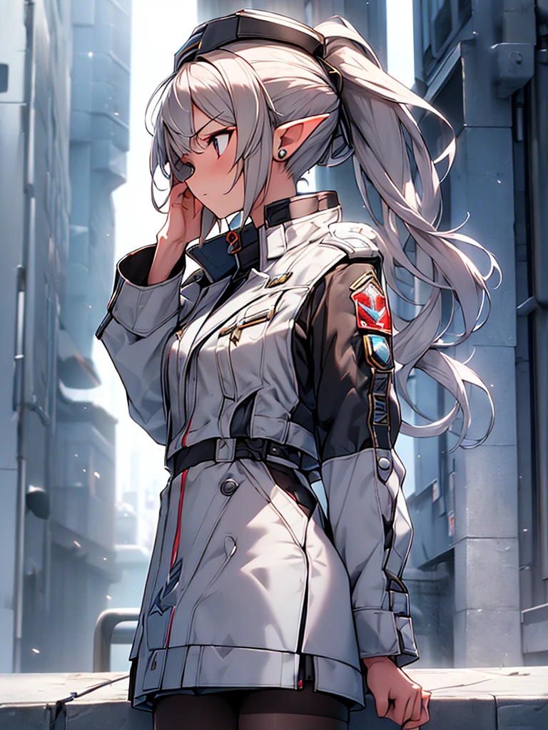 masterpiece, best quality, 8k, (highly detailed 3D rendering of a character named Ulc from SEGA's PSO2), elf-like female with pointed ears, (small gray woman's Garrison cap), (long straight dark red hair), (gray futuristic military-style uniform, including a fitted jacket with intricate white designs, shoulder epaulets, and a skirt), (annoyed, stupefied), (one hand near her ear as if she is communicating through a device), looking away, sunshine, (shiny skin)