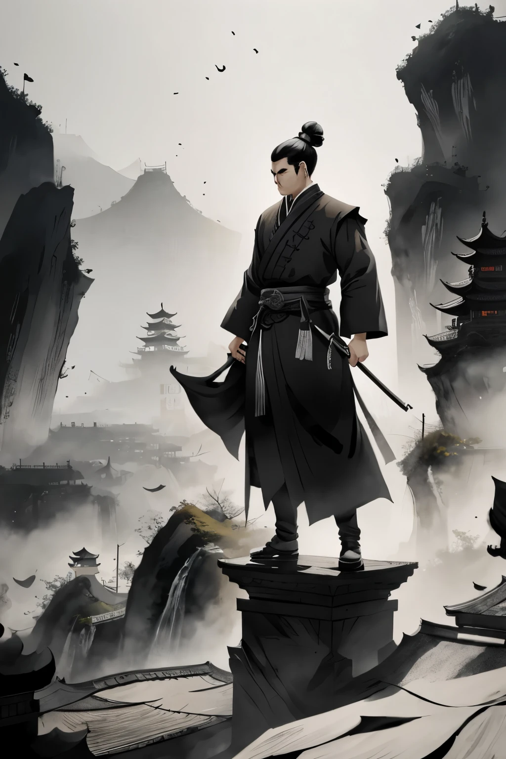 The characters and background have been changed to the style of Chinese ink painting, with a predominantly black and white color scheme.