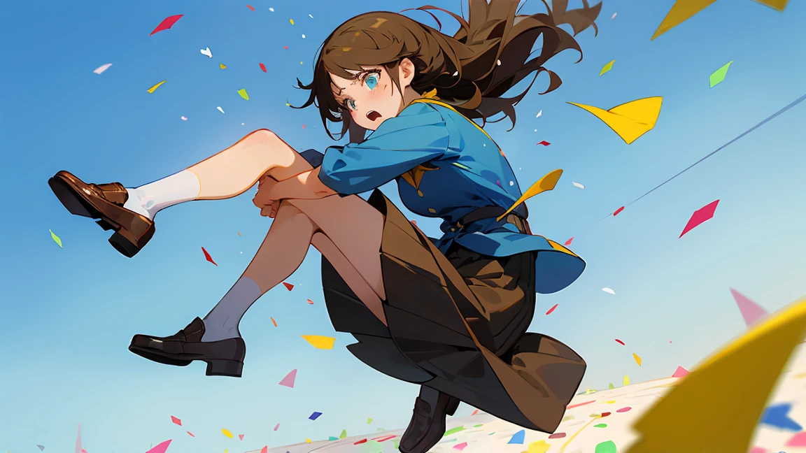 ((Highest quality)), ((masterpiece)), ((Very detailed)),Floatingする女の子,Angry expression，floating，Floating，Confetti，Brown Hair,tears,Levitating,Blue sky background,Feet in the air,tears,gravity,loafers,profile