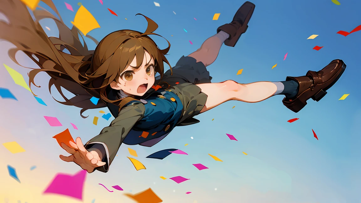 ((Highest quality)), ((masterpiece)), ((Very detailed)),Floatingする女の子,Angry expression，floating，Floating，Confetti，Brown Hair,tears,Levitating,Blue sky background,Feet in the air,tears,gravity,loafers,profile