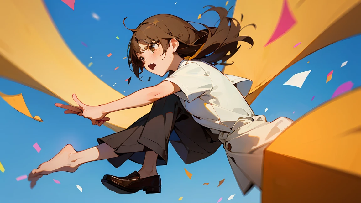 ((Highest quality)), ((masterpiece)), ((Very detailed)),Floatingする女の子,Angry expression，floating，Floating，Confetti，Brown Hair,tears,Levitating,Blue sky background,Feet in the air,tears,gravity,loafers,profile