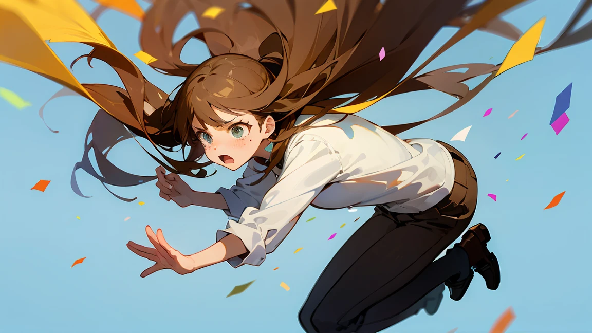 ((Highest quality)), ((masterpiece)), ((Very detailed)),Floatingする女の子,Angry expression，floating，Floating，Confetti，Brown Hair,tears,Levitating,Blue sky background,Feet in the air,tears,gravity,loafers,profile