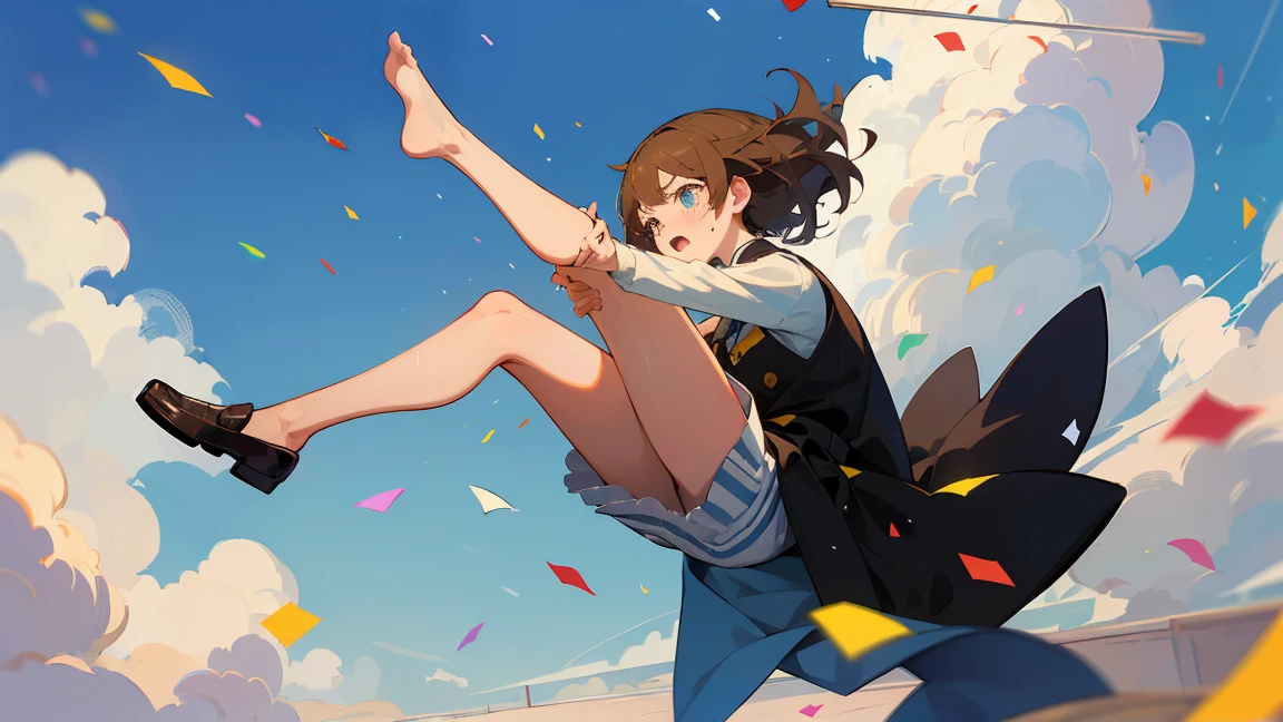 ((Highest quality)), ((masterpiece)), ((Very detailed)),Floatingする女の子,Angry expression，floating，Floating，Confetti，Brown Hair,tears,Levitating,Blue sky background,Feet in the air,tears,gravity,loafers,profile