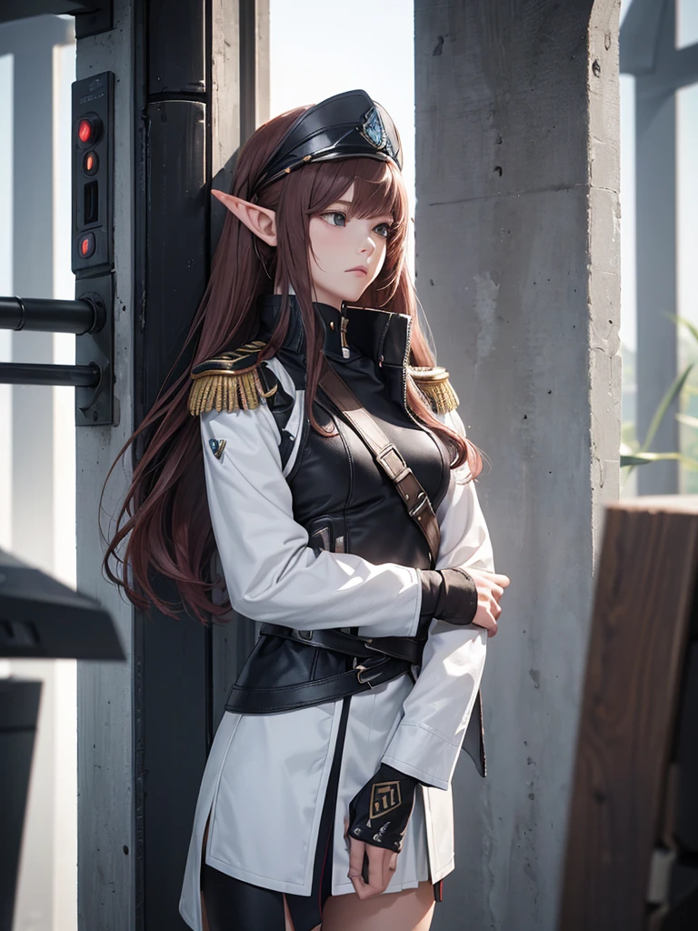 masterpiece, best quality, 8k, (highly detailed 3D rendering of a character named Ulc from SEGA's PSO2), elf-like female with pointed ears, (small gray woman's Garrison cap), (long straight dark red hair), (gray futuristic military-style uniform, including a fitted jacket with intricate white designs, shoulder epaulets, and a skirt), (annoyed, stupefied), (one hand near her ear as if she is communicating through a device), looking away, sunshine, (shiny skin)