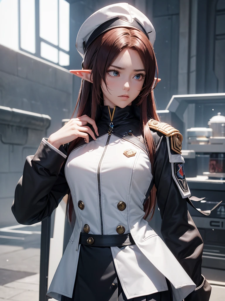 masterpiece, best quality, 8k, (highly detailed 3D rendering of a character named Ulc from SEGA's PSO2), elf-like female with pointed ears, (small gray woman's Garrison cap), (long straight dark red hair), (gray futuristic military-style uniform, including a fitted jacket with intricate white designs, shoulder epaulets, and a skirt), (annoyed, stupefied), (one hand near her ear as if she is communicating through a device), looking away, sunshine, (shiny skin)