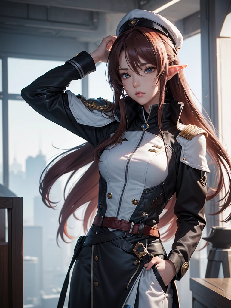 masterpiece, best quality, 8k, (highly detailed 3D rendering of a character named Ulc from SEGA's PSO2), elf-like female with pointed ears, (small gray woman's Garrison cap), (long straight dark red hair), (gray futuristic military-style uniform, including a fitted jacket with intricate white designs, shoulder epaulets, and a skirt), (annoyed, stupefied), (one hand near her ear as if she is communicating through a device), looking away, sunshine, (shiny skin)