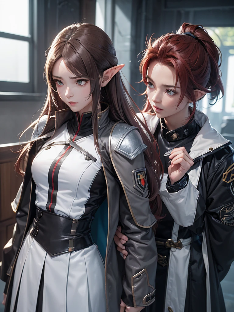 masterpiece, best quality, 8k, (highly detailed 3D rendering of a character named Ulc from SEGA's PSO2), elf-like female with pointed ears, (small gray woman's Garrison cap), (long straight dark red hair), (gray futuristic military-style uniform, including a fitted jacket with intricate white designs, shoulder epaulets, and a skirt), (annoyed, stupefied), (one hand near her ear as if she is communicating through a device), looking away, sunshine, (shiny skin)