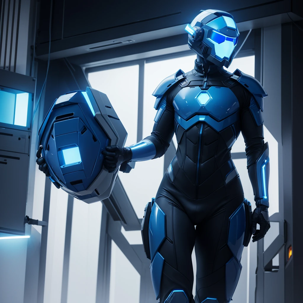 (masterpiece), (best quality), (high res) Solo, (perfect anatomy) Dronificated unknown femenine man in a fully (enclosed blue latex full body armor) (white LEDs across the suit) (white glowing core in the chest), (enclosed cyber helmet) that cover his whole face and hides his identity with a white screen, flat chest, narrow waist, wide hips and thick thigs, (no face) no face, no hair, no mouth, no eyes, in a lab