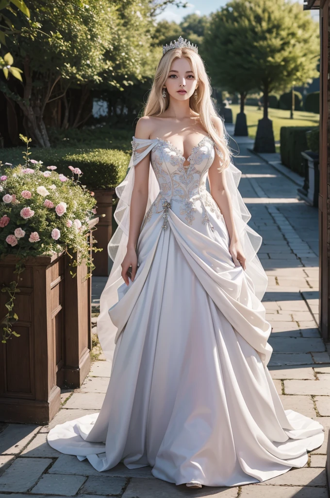 masterpiece, highres, high detailed,  intricate details, depth of field, 1 girl, queen, big royal crown, Coronation Gown, queen dress, Evening Gown, outdoor background. The background is a luxurious castle, mildly clouds, best sunlight. There are 2 long flower beds besides the path, queen is standing on the path. Her face is gorgeous, beautiful, confident. She wears a lot of luxury jelweries and holds her gown. She has blue eyes, platinum blonde long shining hair. Behind her is the castle.