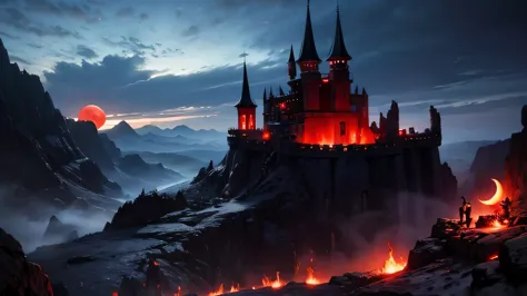 hell, underworld castle, landscape, dark sky, red moon