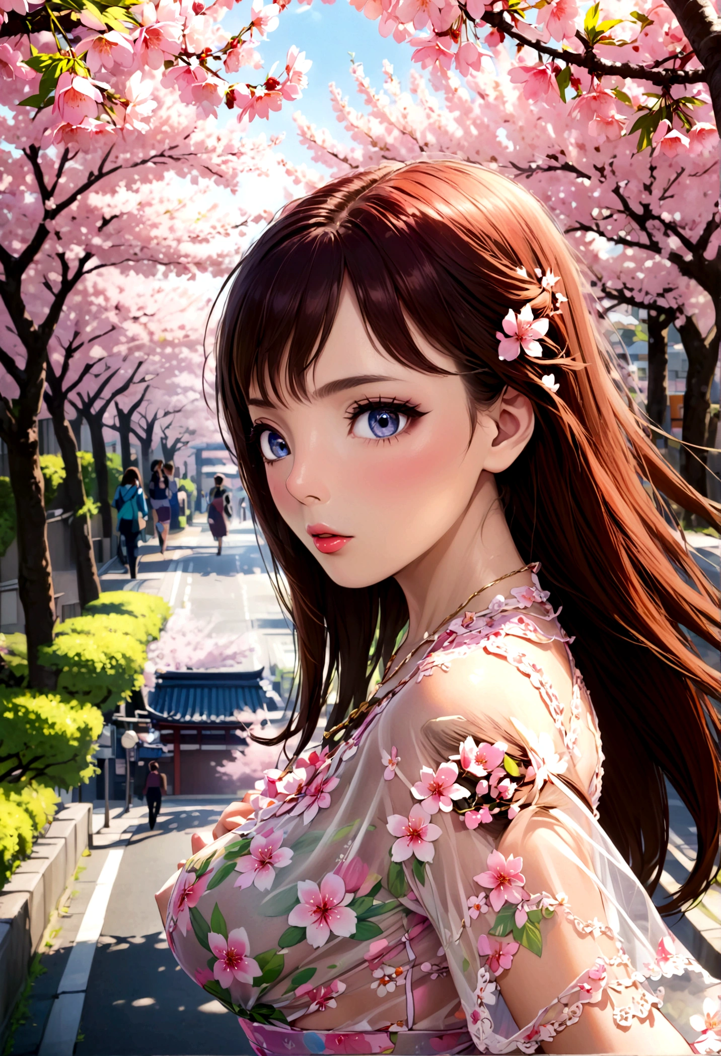 a lovely woman in a sheer brightly colored summer dress, carefree and flirting, low traffic sidewalk in Tokyo, detailed face and body, beautiful detailed eyes, beautiful detailed lips, extremely detailed eyes and face, long eyelashes, masterpiece, photorealistic, 8k, ultra-detailed, vibrant colors, natural lighting, cinematic, hyper-realistic, atmospheric, detailed environment, cherry blossom trees, warm tones, shallow depth of field, dappled sunlight. View from behind. Gentle breeze no panties
