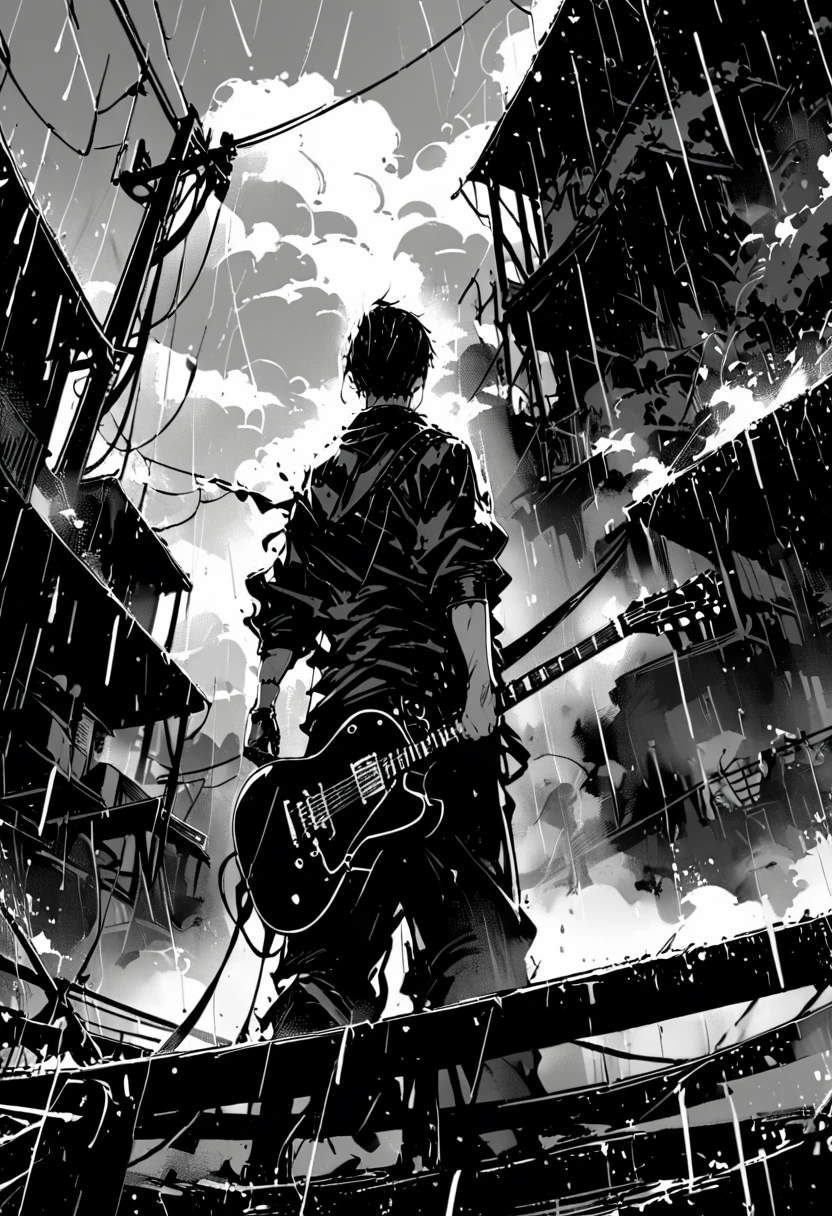 solitary, Guitar, eternal, Keep, 1 boy, From the back, smokes, Power lines, landscape, rain, stage, 1Other