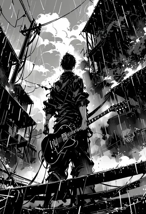 solitary, guitar, eternal, keep, 1 boy, from the back, smokes, power lines, landscape, rain, stage, 1other