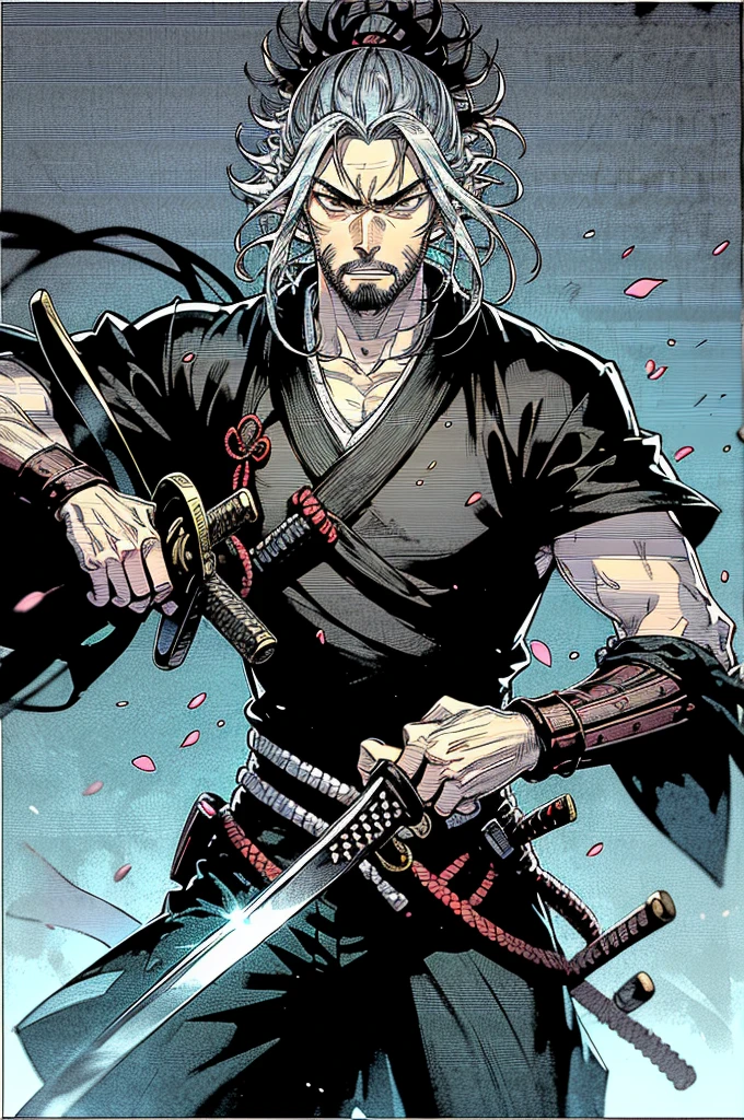 a close up of a person holding a katana in a dark room, evil male sorcerer, portrait of samurai, handsome guy in demon slayer art, dark cloaked necromancer, musashi miyamoto, standing, fighting stance, looking at the viewer, front camera, eye level, handsome, beard, long hair, angry expression, drawing sword pose, a man holding his sword at his side, closed fist holding takana