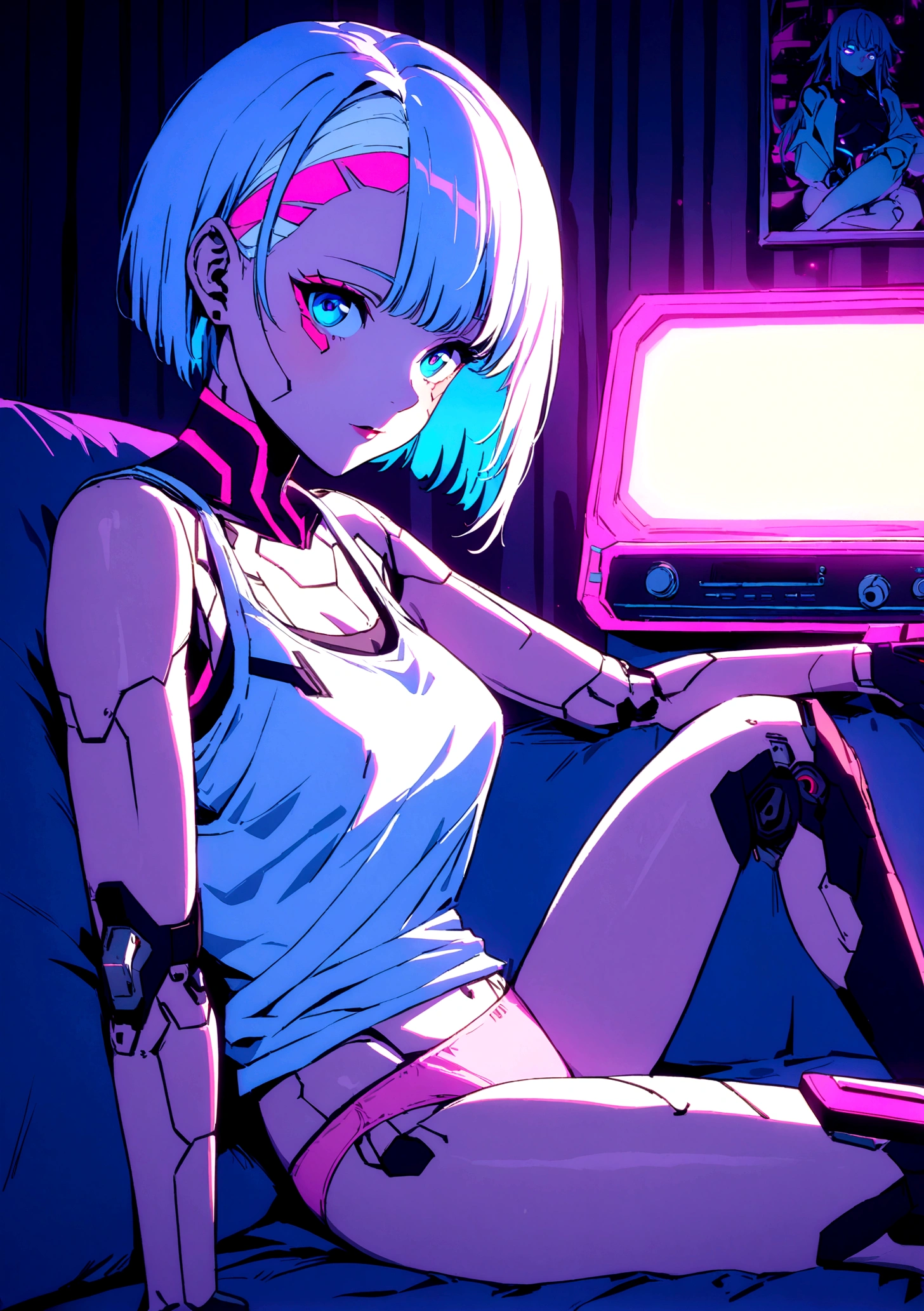 Imagine Lucy from cyberpunk edge runner, white short hair, pink line hair, blue eyes, cyborg implants, skin implants, Cyberpunk theme, white tank top, braless, pink panties, sitting on cozy room. Chilling, Neon lamps, retro music player