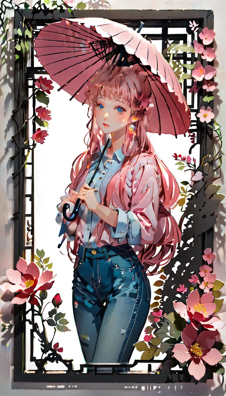 (((paper cutting style))), (frame of illustration is 3D paper cutting: 1.2), (denim and shirts), (pink long hair), (random angle), (random pose), 1 girl, umbrella, flower