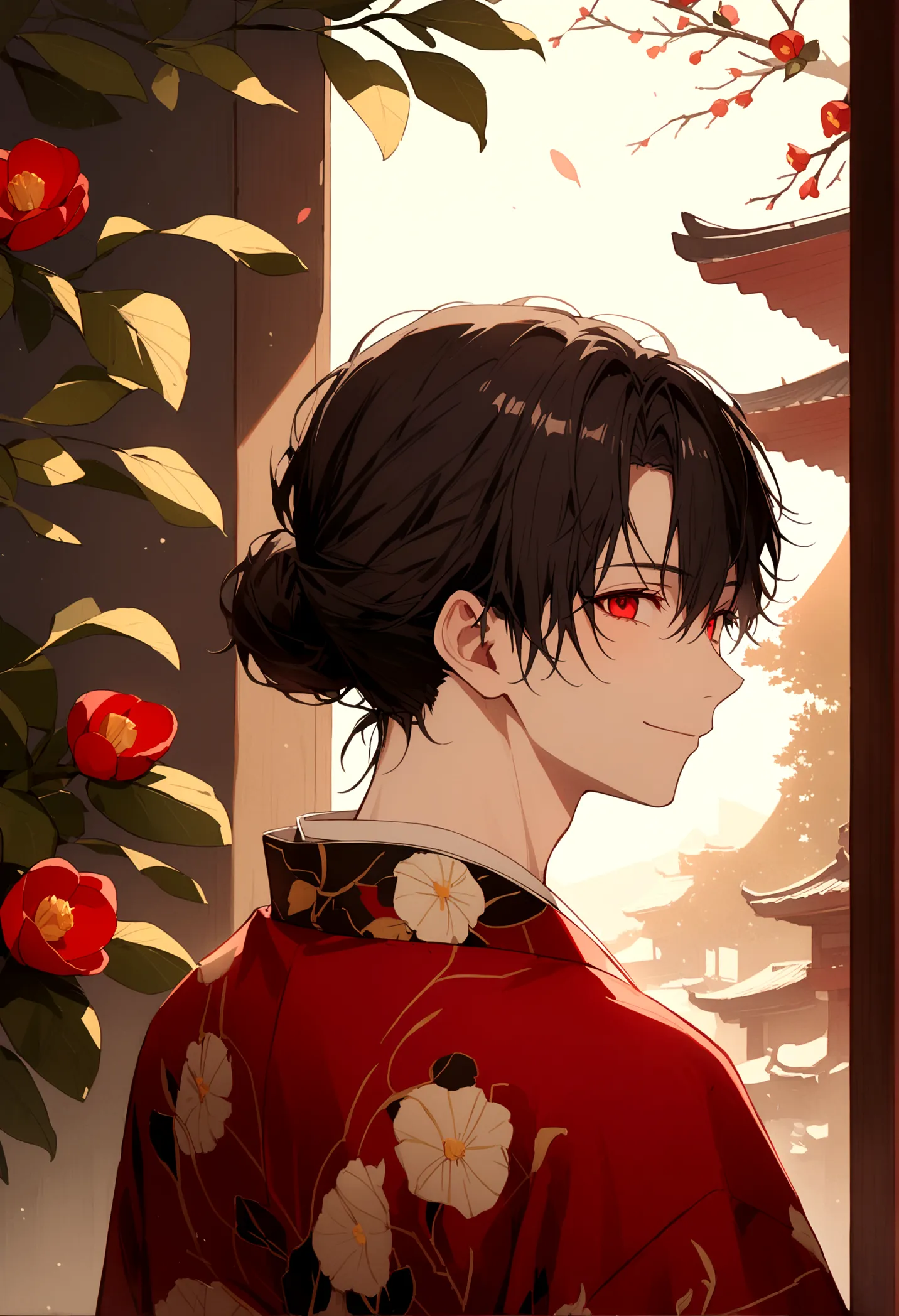 ((red eyes))、引きつけるred eyes、smile、crimson eyes、beautiful man、1 person、neutral、black hair、(red eyes)、kimono with camellia pattern、...