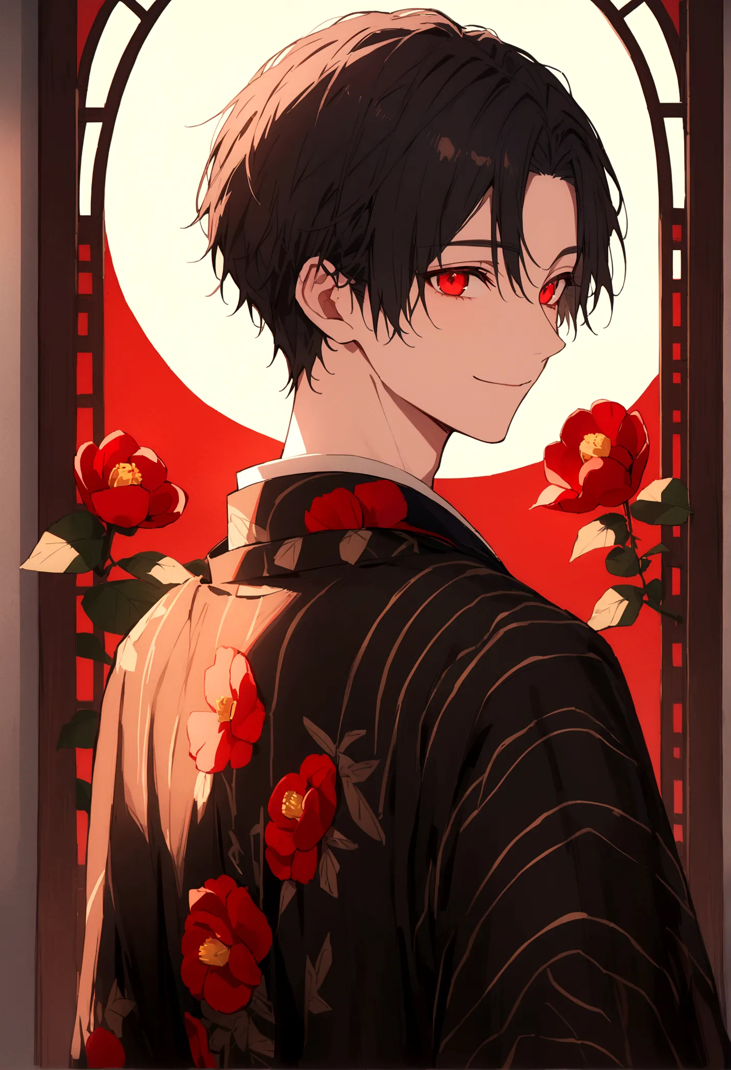 ((red eyes))、引きつけるred eyes、smile、crimson eyes、beautiful man、1 person、neutral、black hair、(red eyes)、kimono with camellia pattern、...