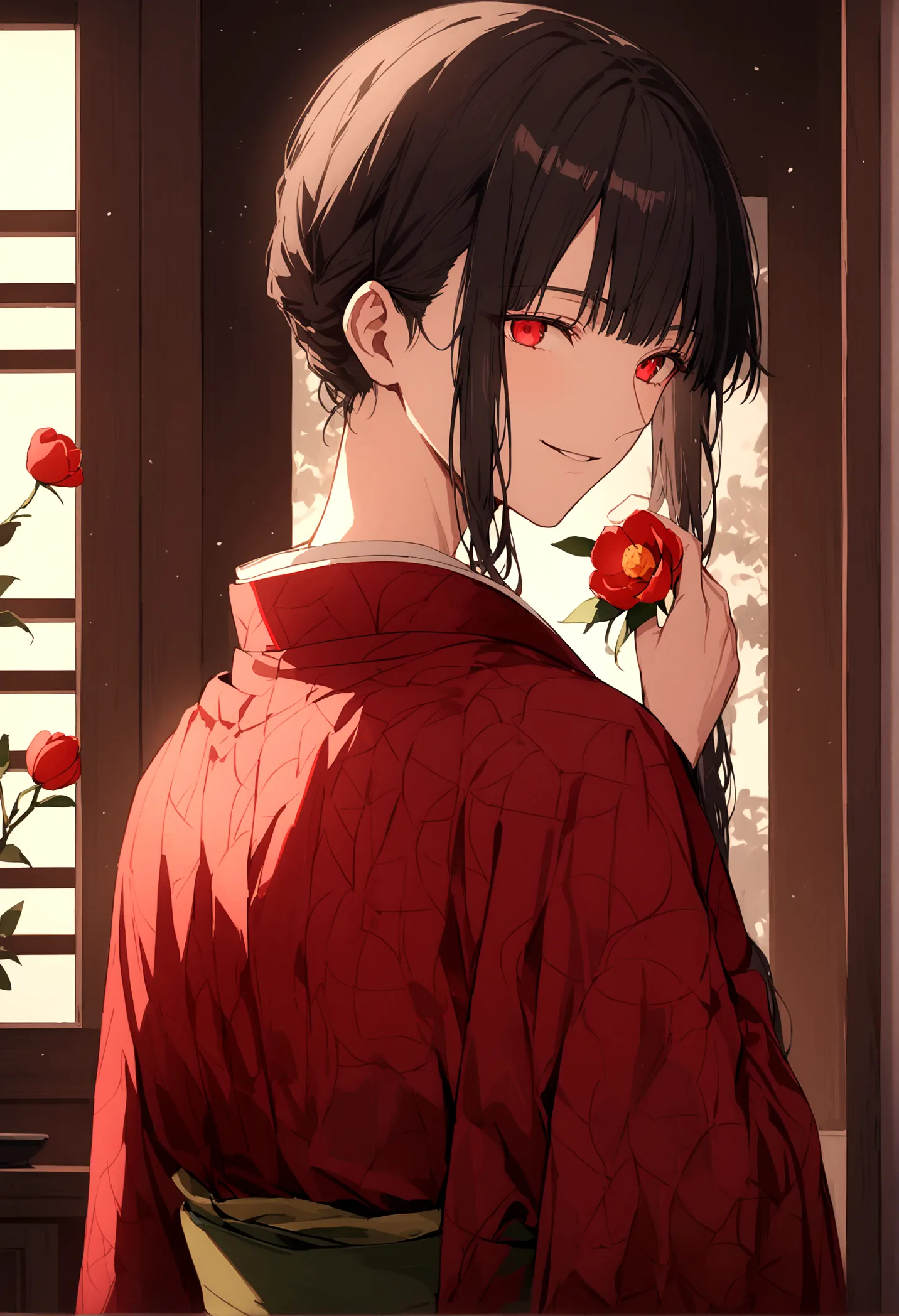 ((red eyes))、引きつけるred eyes、smile、crimson eyes、beautiful man、1 person、neutral、black hair、(red eyes)、kimono with camellia pattern、...