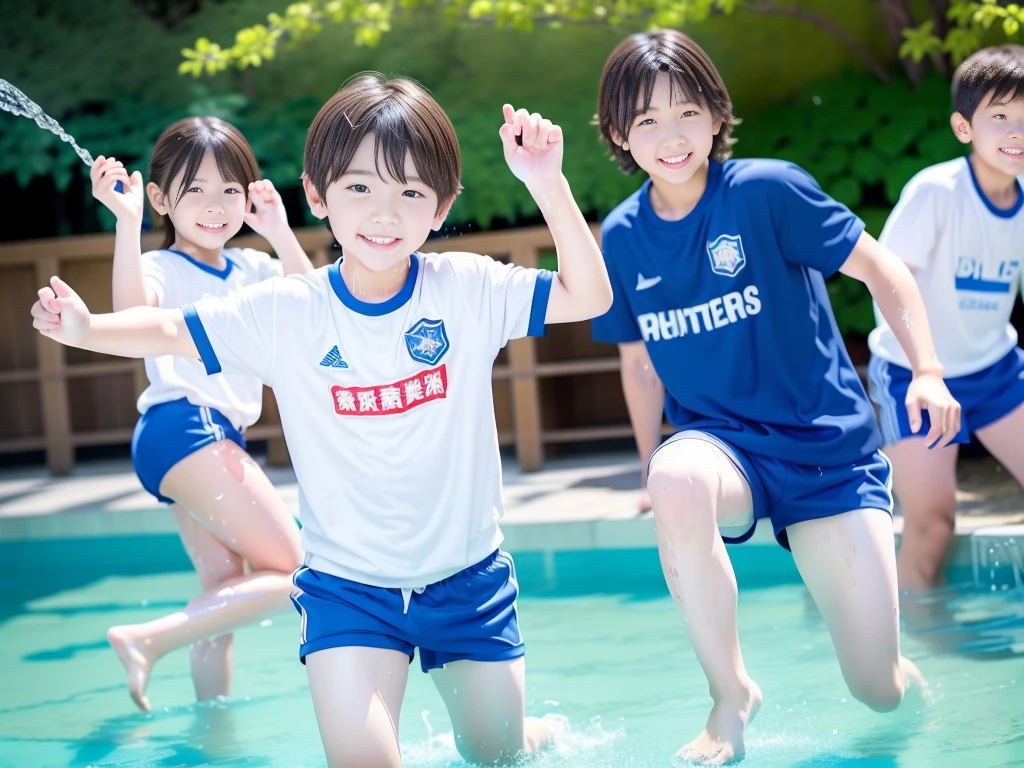 夏休みのprimary school校、Pool、primary school５Grade、Japan Boy、Glowing water splashes、A good boy dripping with water、hot day、Two Boys、Various poses、Short sleeve gym uniform、Blue shorts、physical education、barefoot，（Boy 1.4）、Boys only 、(１０Age 1.４)