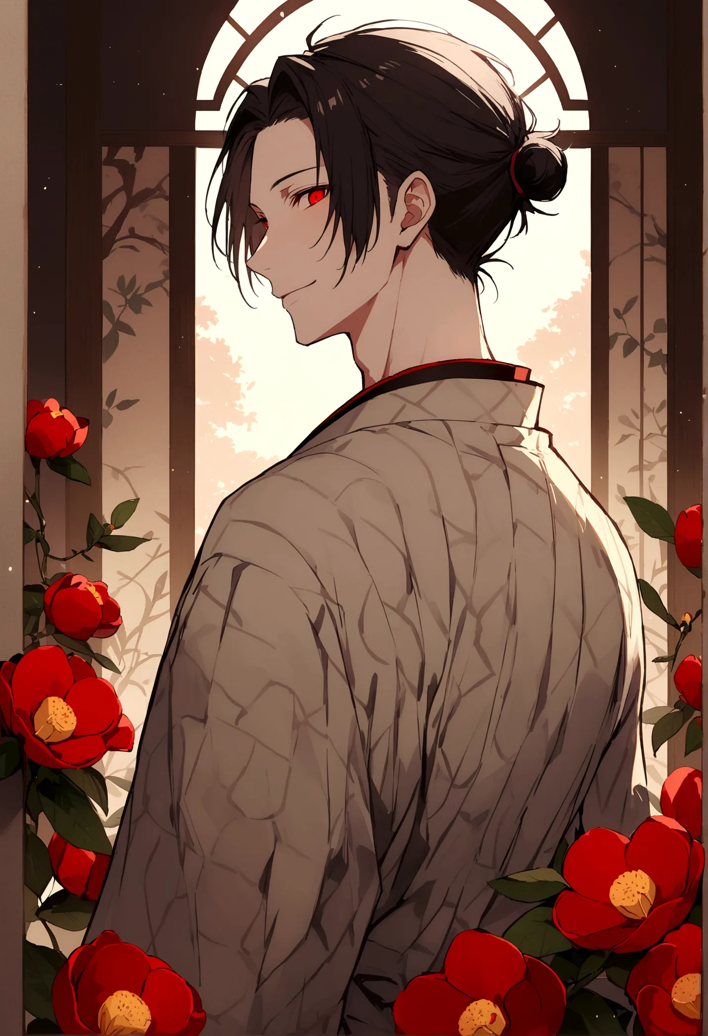 ((red eyes))、引きつけるred eyes、smile、crimson eyes、beautiful man、1 person、neutral、black hair、(red eyes)、kimono with camellia pattern、...