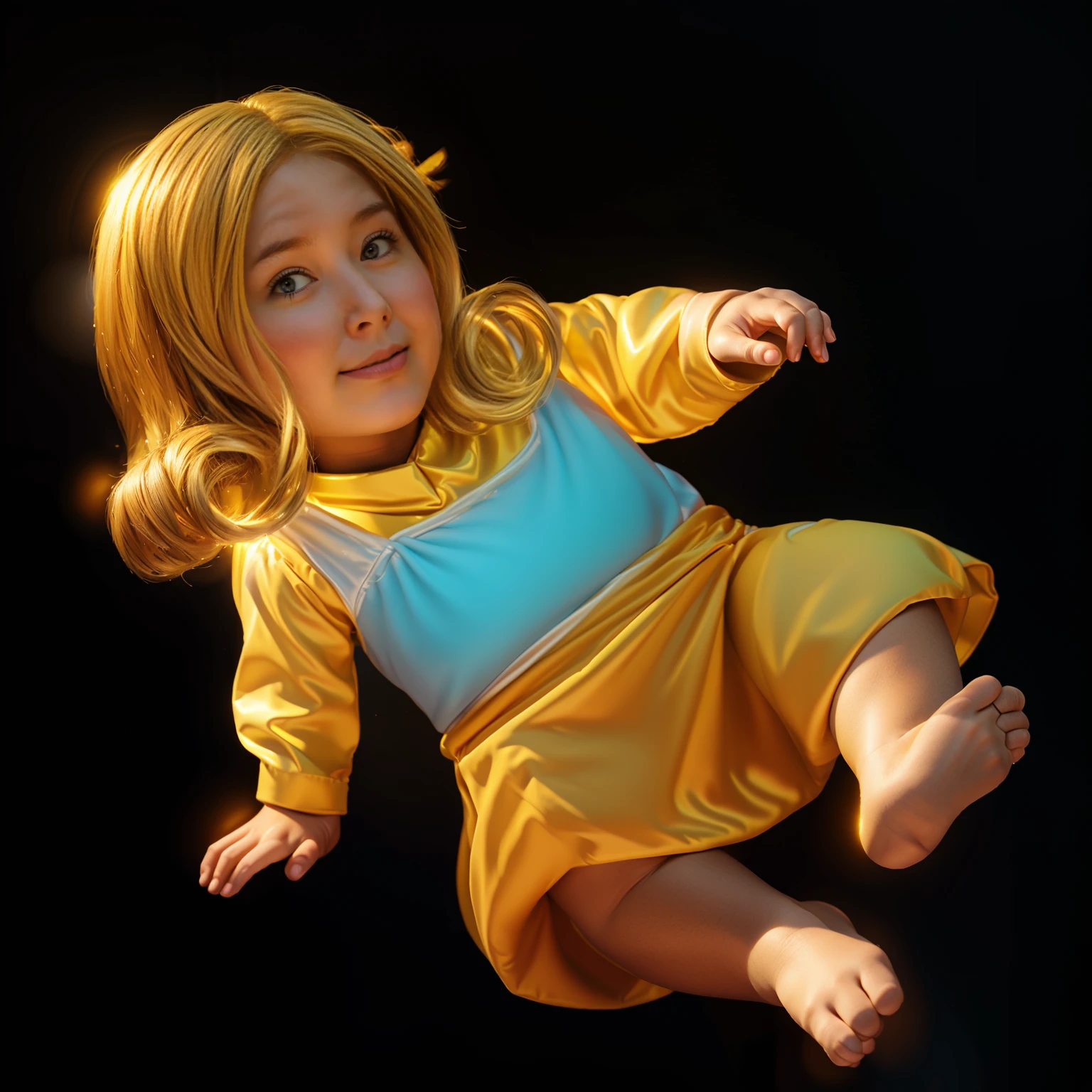 The image shows a 3D animated character, a young girl with blonde hair, wearing a yellow dress and a red skirt, floating in mid-air, smooth 3d model, glossy plastic texture, multiple light sources, rim light, sharp post effects render, most beautiful vfx, , realistic, 4k, high resolution, rim light, smooth 3d model. , glossy texture, smooth 3d model, multiple light sources, rim light, sharp post effects render, (glossy plastic texture with multiple big light probe refractions), perfect cgi, reflective, best quality, 4k, masterpiece:1.2, ultra-detailed, realistic, vivid colors, The image of the highest quality, ensuring every detail showcased perfectly. It in 4k resolution, allowing viewers to immerse themselves in the richness of the colors and intricate details. The realistic rendering. under the spotlight, reflecting, high-resolution image, realistic rendering