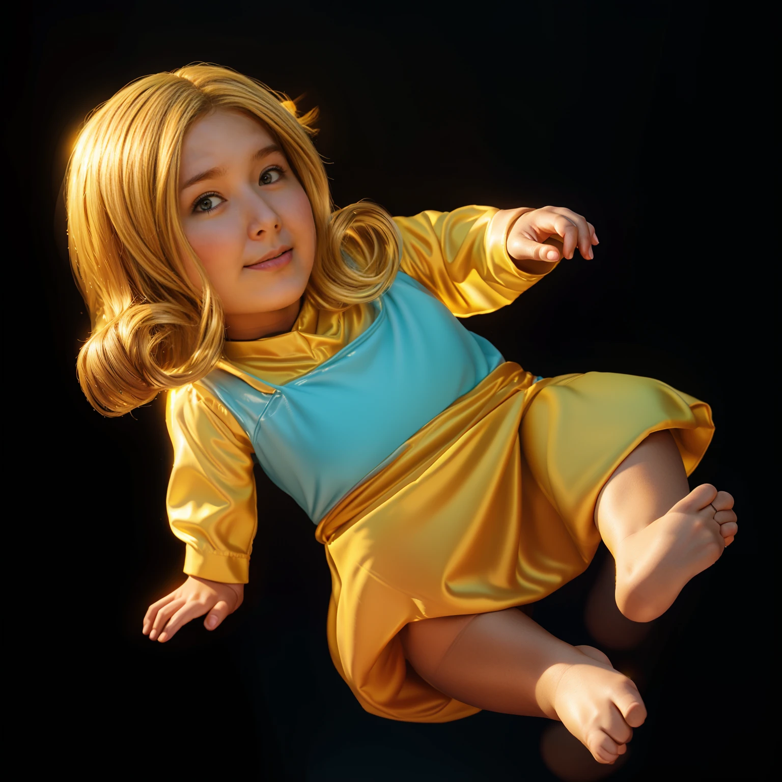 The image shows a 3D animated character, a young girl with blonde hair, wearing a yellow dress and a red skirt, floating in mid-air, smooth 3d model, glossy plastic texture, multiple light sources, rim light, sharp post effects render, most beautiful vfx, , realistic, 4k, high resolution, rim light, smooth 3d model. , glossy texture, smooth 3d model, multiple light sources, rim light, sharp post effects render, (glossy plastic texture with multiple big light probe refractions), perfect cgi, reflective, best quality, 4k, masterpiece:1.2, ultra-detailed, realistic, vivid colors, The image of the highest quality, ensuring every detail showcased perfectly. It in 4k resolution, allowing viewers to immerse themselves in the richness of the colors and intricate details. The realistic rendering. under the spotlight, reflecting, high-resolution image, realistic rendering