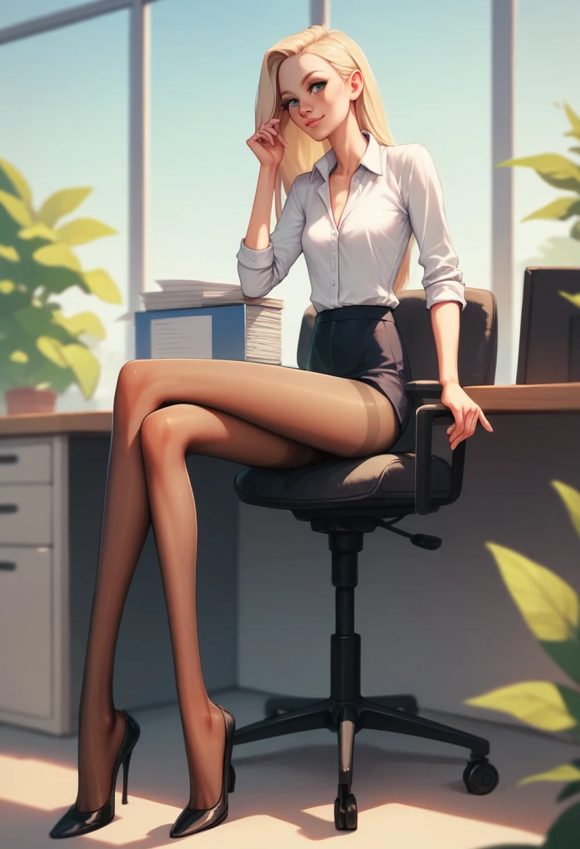 Skinny Skinny Goddess. anorexia. Thin very thin legs, unrealistically long legs in pantyhose. sits in the office. Highest quality