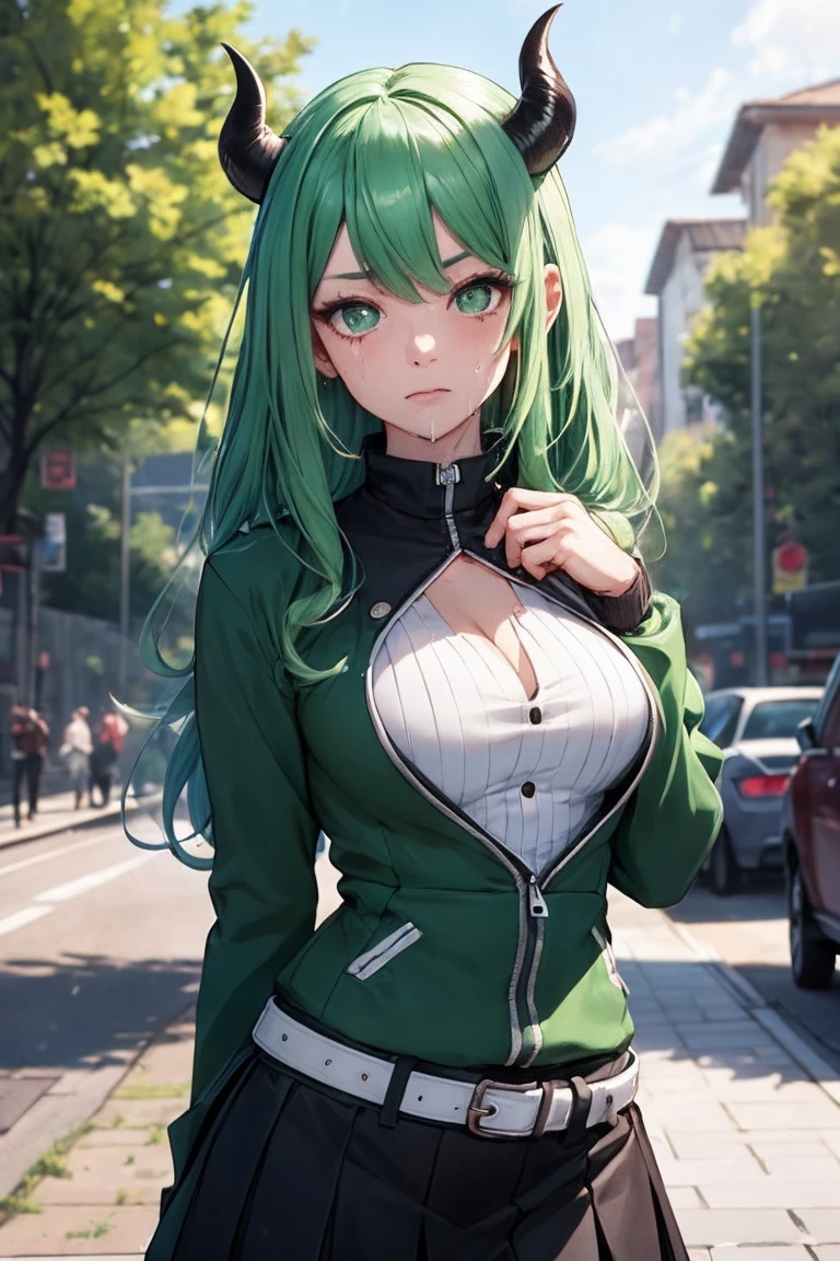 beautiful, (Highest quality, masterpiece, Very detailed: 1.5), Perfect lighting, Shiny, employment, nature, Cobblestones, vapor, blue sky, In the distance, whole body, Face Focus, One girl, mitsuri (Demon slayer), beautiful girl, beautiful face ((mitsuri (Demon slayer))), a girl with long green-pink Gradient Hair and Green Eyes in a long-sleeved jacket with a neckline, white haori, a Black Skirt with a Silver Belt and green striped hips, Pink Hair, Green Hair, Gradient Hair, Multicolored Hair, Long Hair, bangs, Double Knit, Green Eyes, Demon slayer uniform, Long sleeve jacket, white haori, Black Skirt, Silver Belt, Green striped thighs, blush, Sweat, Realistic, chest, Wide Hips, (Thick barbell: 0.9), Low Cut, Are standing, fold your hands behind your back, Viewer&#39;s gaze, Erotica