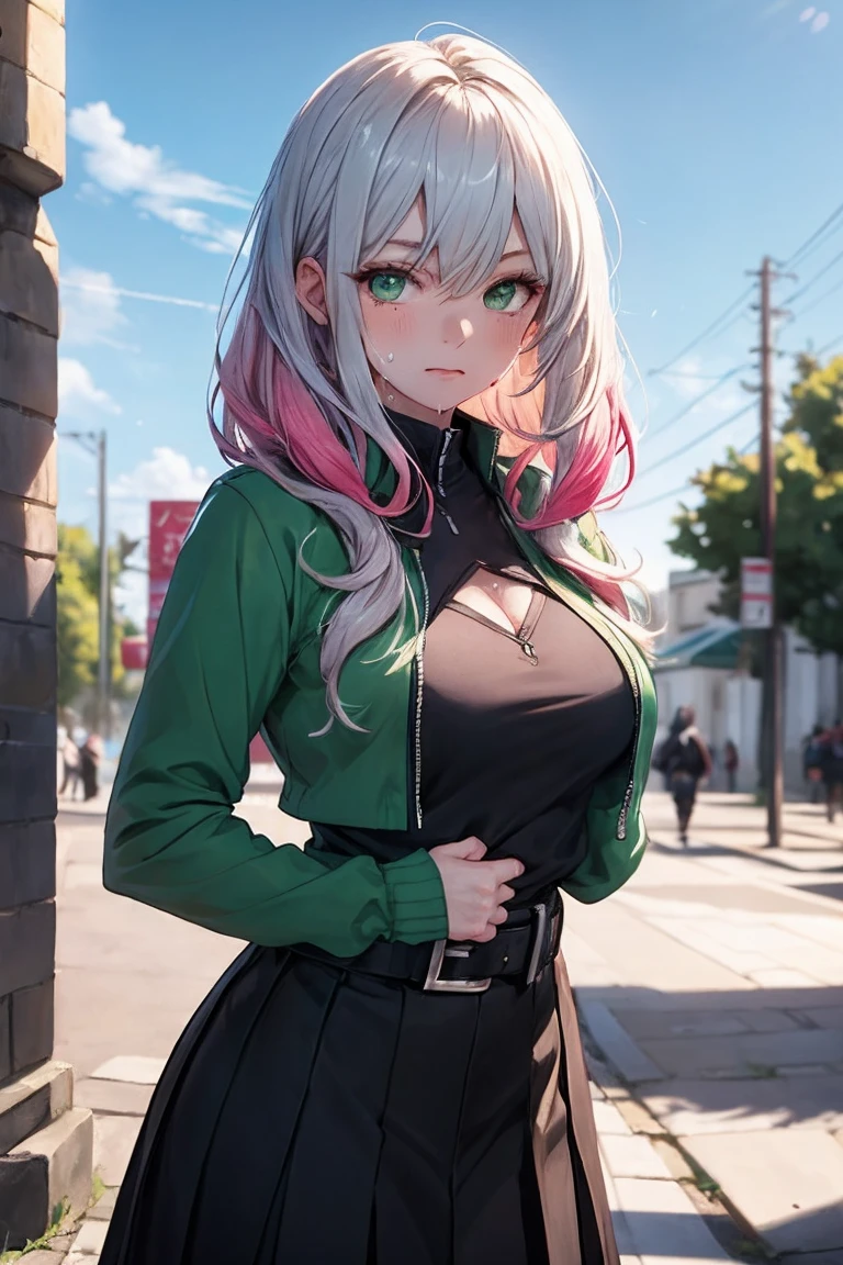 beautiful, (Highest quality, masterpiece, Very detailed: 1.5), Perfect lighting, Shiny, employment, nature, Cobblestones, vapor, blue sky, In the distance, whole body, Face Focus, One girl, mitsuri (Demon slayer), beautiful girl, beautiful face ((mitsuri (Demon slayer))), a girl with long green-pink Gradient Hair and Green Eyes in a long-sleeved jacket with a neckline, white haori, a Black Skirt with a Silver Belt and green striped hips, Pink Hair, Green Hair, Gradient Hair, Multicolored Hair, Long Hair, bangs, Double Knit, Green Eyes, Demon slayer uniform, Long sleeve jacket, white haori, Black Skirt, Silver Belt, Green striped thighs, blush, Sweat, Realistic, chest, Wide Hips, (Thick barbell: 0.9), Low Cut, Are standing, fold your hands behind your back, Viewer&#39;s gaze, Erotica