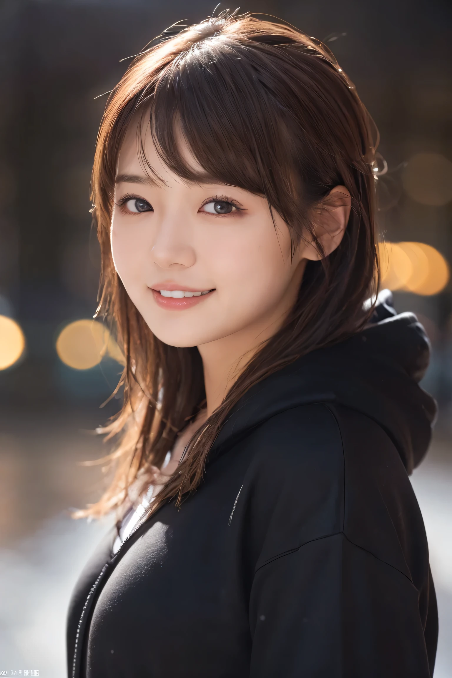 1 Girl, (Wear a black hoodie:1.2), (RAW Photos, highest qualthaty), (Realistic, Realistic:1.4), Tabletop, Very delicate and beautiful, Very detailed, 2k wallpaper, wonderful, finely, Very detailed CG Unthaty 8K wallpaper, Very detailed, High resolution, Soft Light, Beautiful detailed girl, Very detailed目と顔, Beautiful and sophisticated nose, Finely beautiful eyes, Cinema Lighting, Illuminations that light up the cthaty on a snowy night, Snow Scene, that&#39;that&#39;that&#39;it&#39;s snowing, Snow fell in my hair, Perfect Anatomy, Slender body, Was nervous, 
Straight semi-long hair, bangs, Looking at the audience, smile、Fluffy scarf