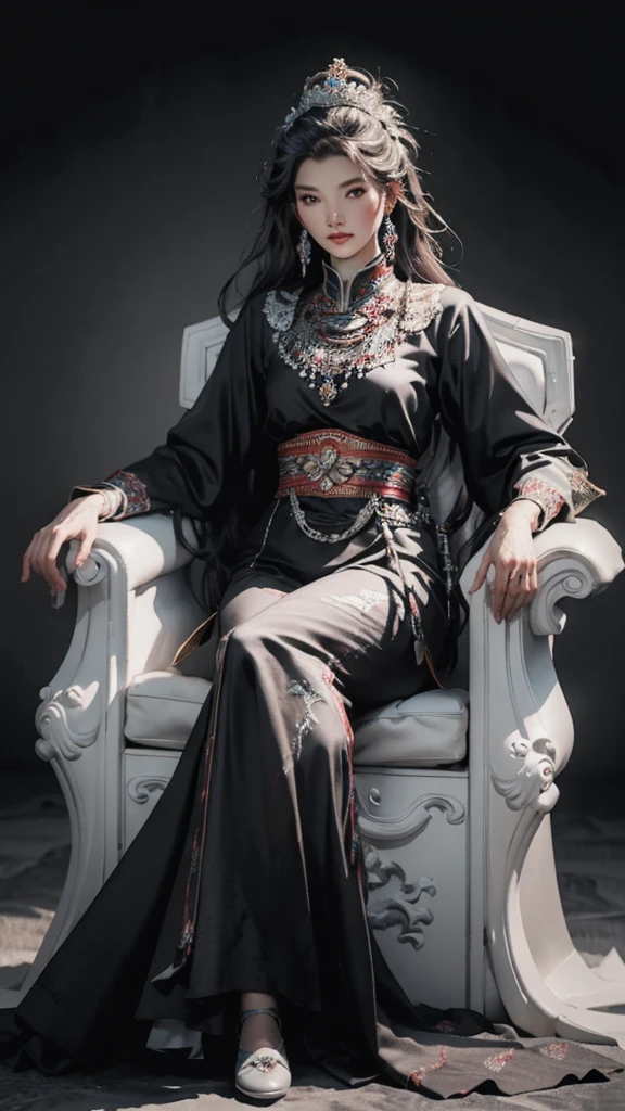 The Empress sits cross-legged on the throne, the head chair has a dragon head sculpture, the view is from top to bottom, the courtiers flank her left and right, the background is the throne hall, the highest quality, the resolution. High,definition 8k: realistic 3D illustrations