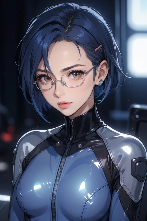 Highest quality, masterpiece, detailed,

Mouth closed, A light smile, 
Blue Hair, short hair, Brown eyes, Hair Clip, lips, Stud earrings, Semi-rimless eyewear,
Blue bodysuit、((Shiny bodysuit))