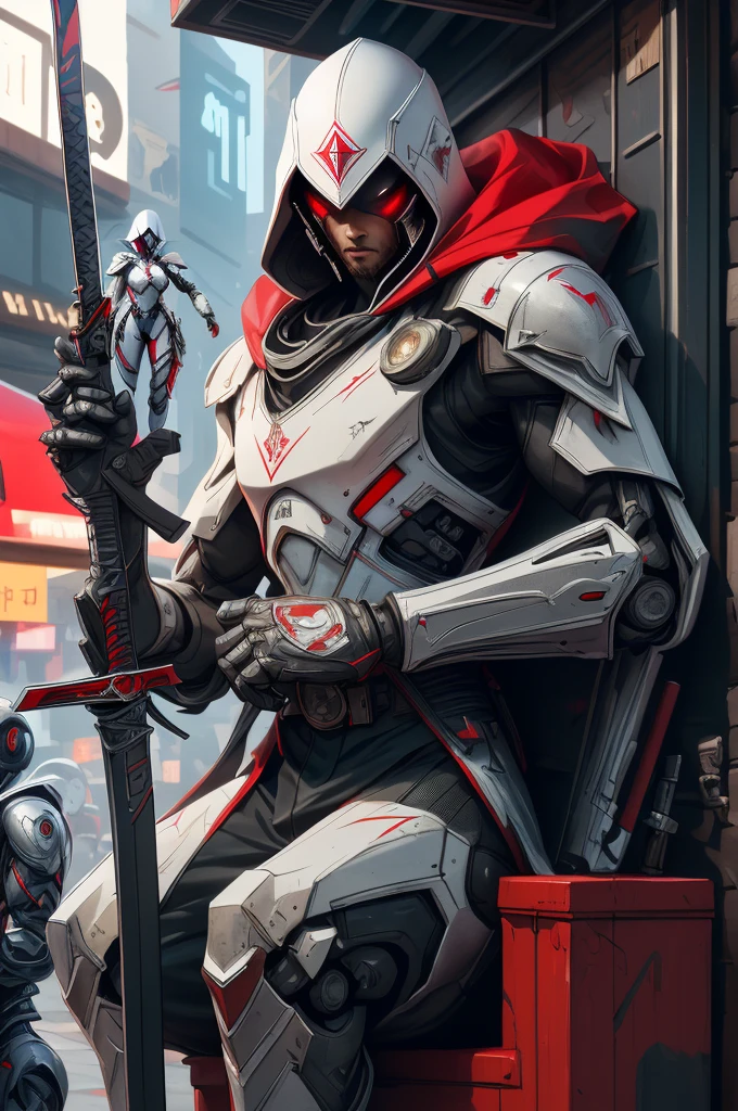 Two Cyberpunk Assassin's Creed Holding swords, Sitting super cool on the rafters on the wall on the restaurant street on a modern street. Robots work everywhere. Modern weapons. Modern red suit. Electronic city. Modern weapons. White suit. Hold the blade. Metal robot arm. Hold the gun.