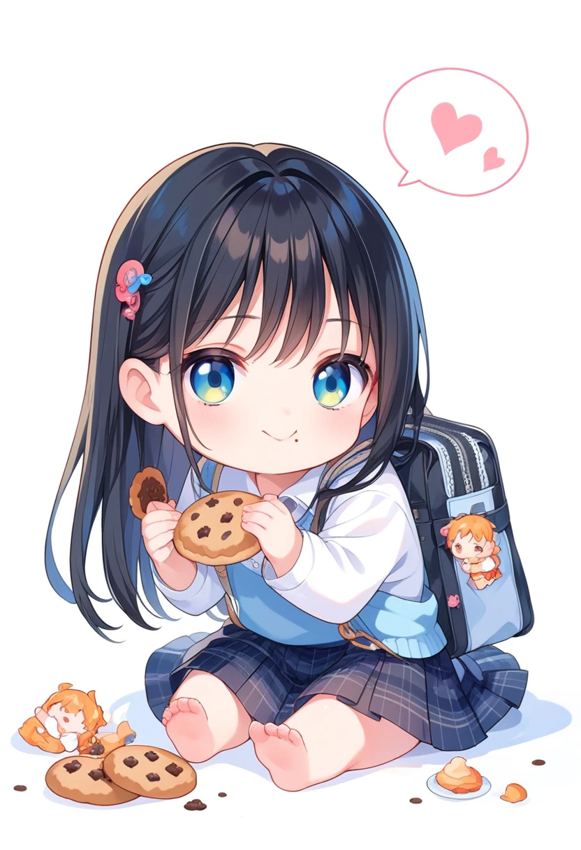 score_9, score_8_up, score_7_up, source_anime, (chibi), eating cookie, spoken heart, sitting, black hair, , classroom background, simple background