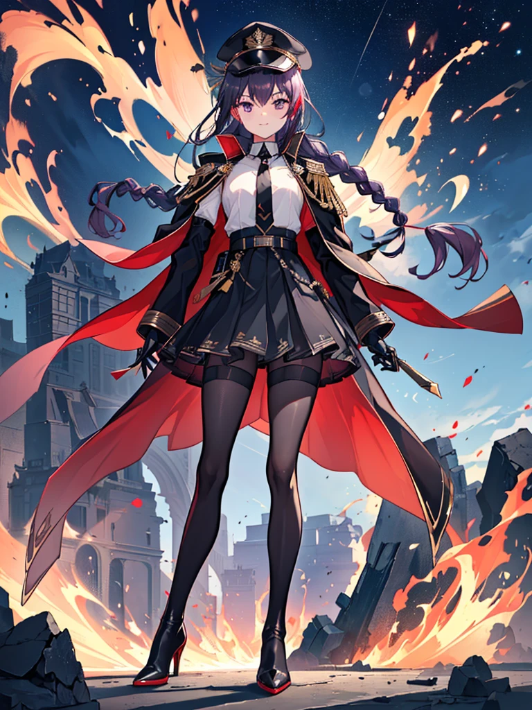 realisitic, City Deserted, Pile of rubble, Brick building, a one woman (1, far away blackw hair, far away slits, Eyes red, glare eyes, Exquisite face, standing (In floor, feet shoulder-width apart), Lolita style military uniform (blackw base, Red Insert, golden decoration, ruffles, wide sleeves, dainty and delicate detailing armors), blackw far away gloves (blackw, Red Insert, golden decoration, small hands, armors), blackw far away gloves, knee high boots (blackw, high-heels, red soles), ha (blackw, aba dourada, shield emblem, delicate details), arms in front, Front of belly, Holding military swords with both hands (blackw, golden decoration, delicate detail, Handle at the top, Ground-facing blade, in front of the body, far away), night sky (blackw, stars, Increased flames and smoke), Pale painting style, One Girl, super high quality, Super Detail, Super Detailed image, long hair, looking at viewer, skirt, shirt, hair ornament, violet eyes, gloves, round glasses, long sleeves, hat, closed mouth, jacket, violet hair, braid, open clothes, necktie, black gloves, black skirt, uniform, single braid, open jacket, black jacket, black headwear, Bracelet, Peaked cap, black necktie, cropped jacket, military hat, pantyhose, Flat Chest, smile, Black Cape