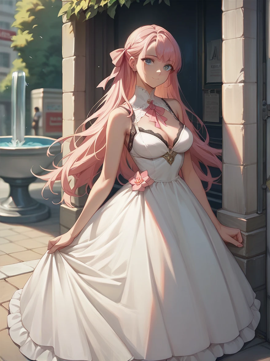 ((Best quality)), ((masterpiece)), (detailed), ((perfect face)), One Girl、Pink long hair、blue eyes、A white dress with black lace、large pink ribbon on the chest、Fountain in the square、Street stalls lined up、Mediterranean