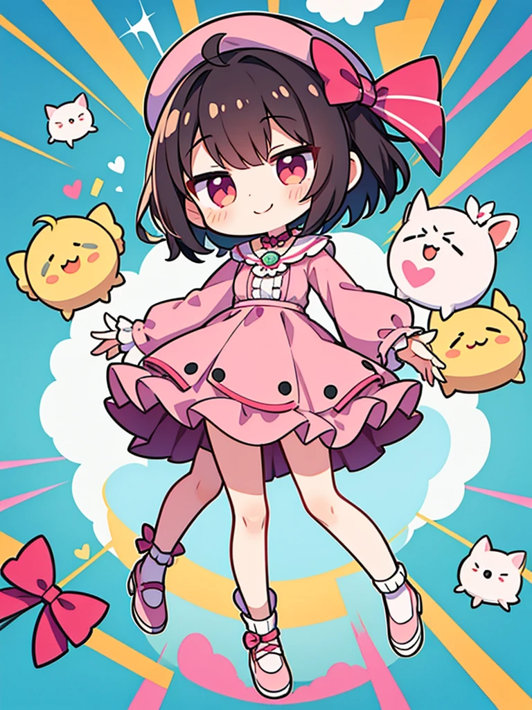 Personagem Chibi、Uma garota、Personificação de doces、sorridente、vestido rosa、Mini saia de alta qualidade、obra de arte